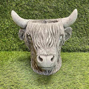 May include: A grey, sculpted planter in the shape of a Highland cow's head. The planter features detailed fur, prominent horns, and a textured surface. The planting area is at the top. Suitable for outdoor use, it is a decorative garden feature.