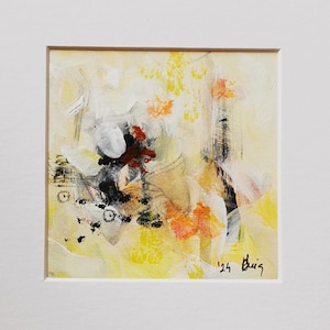 Busy Day Series 4 Passepartout Bianco Arancione Giallo Nero Quadro astratto in acrilico A20x20 cm/I9,5 x 9,5 cm Decorazione da parete originale Quadrato