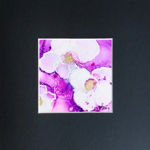 Passepartout Nero Oro Viola Fiori A20x20cm/I9,5 x 9,5 cm Immagine Originale a Inchiostro Design Decorazione da Parete Arte da Parete Quadrata per Soggiorno Sala da Pranzo