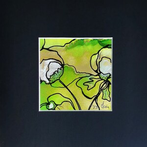 Passepartout Nero Oro Verde Fiori A20x20cm/I9,5 x 9,5 cm Immagine Originale Inchiostro Design Decorazione Murale Arte Murale Quadrata per Soggiorno Sala da Pranzo