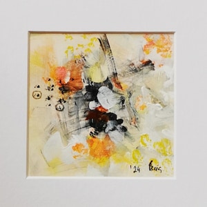 Busy Day Series 3 Passepartout Bianco Arancione Giallo Nero Acrilico Quadro astratto A20x20 cm/I9,5 x 9,5 cm Decorazione da parete originale Quadrato