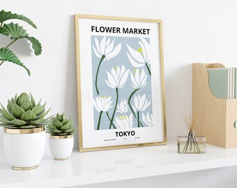 Flower Market Tokyo, Blue ,Flower Market Print, Flower Market Poster, Flower Wall, Flower Shop, Flower Print, Florist Gift, Floral Wall Art