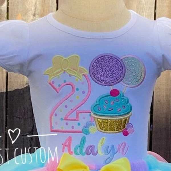 Cupcake and Lollipop Birthday Shirt, Number and Bow Shirt for Girls, Baby Girl Sweet Two Candy Party Theme