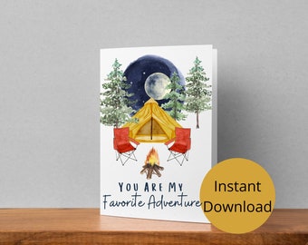 Camping Printable Card, You Are My Favorite Adventure Watercolor Card, Printable Valentine, Anniversary Card, 5x7 Instant Download