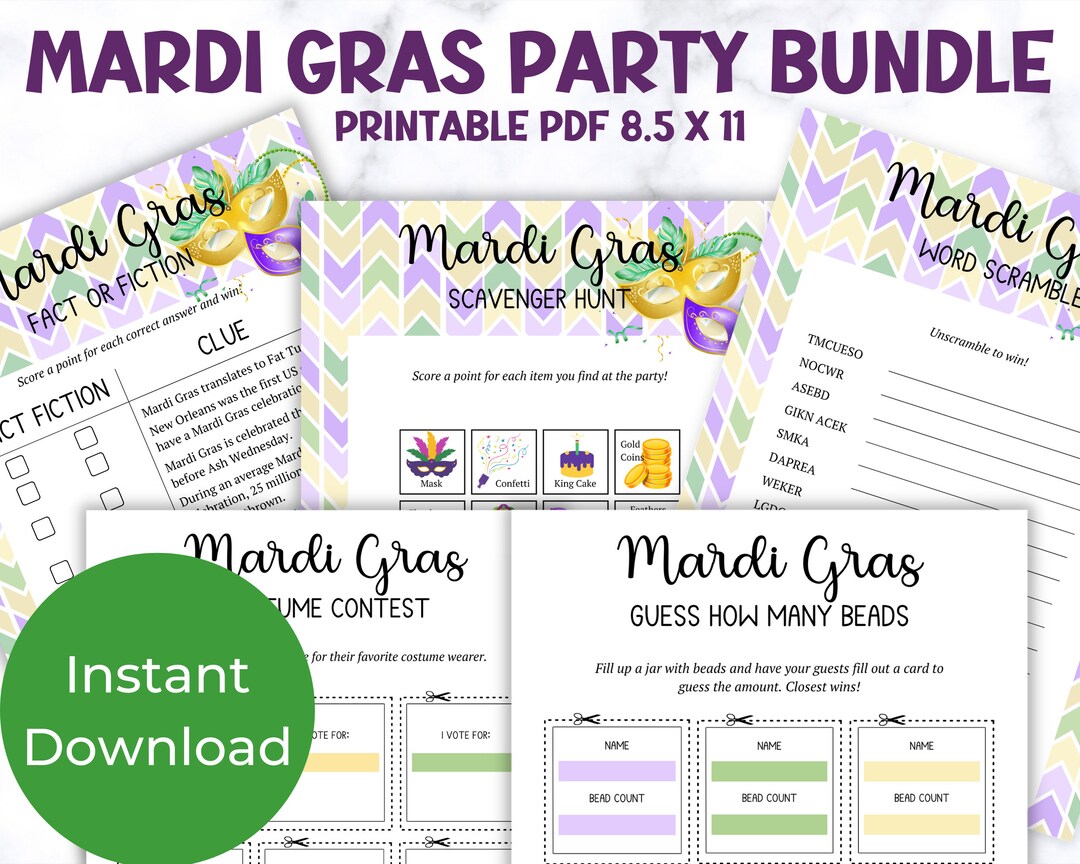 Mardi Gras Game Bundle, Printable Mardi Gras Games, Fat Tuesday Party ...