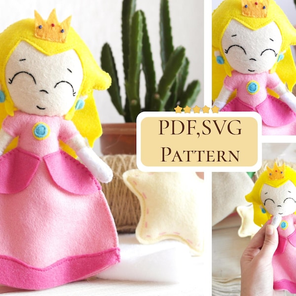 PDF Princess Peach doll pattern / felt easy sewing pattern / Mario soft doll toy pattern / Hand sewing pattern / SVG included