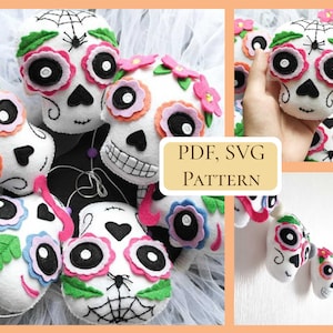 Patrón de calavera de azúcar en fieltro en formato PDF. Guirnalda del Día de los Muertos. Regalo de Halloween. SVG incluido