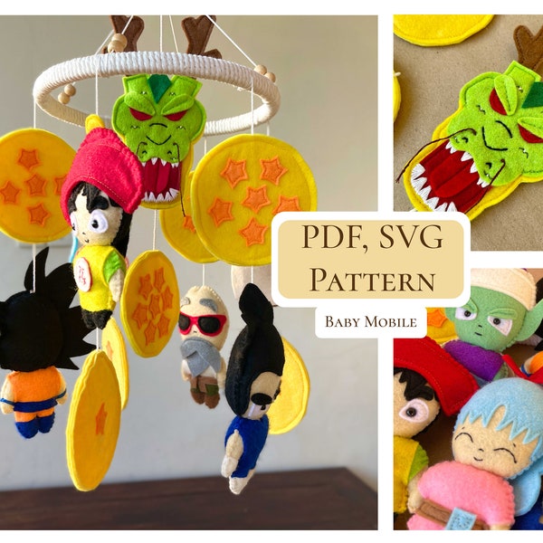 PDF baby mobile / Goku Piccolo Vegeta Bulma Roshi Gohan SET felt pattern / Anime nursery decor / Easy hand sewing pattern / SVG included