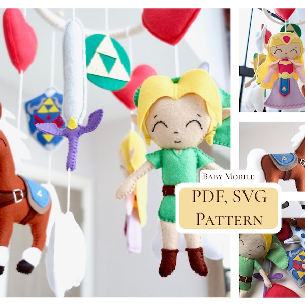PDF Zelda baby mobile pattern / Epona Link Triforce felt / Princess Zelda pattern / Sewing pattern / Hand sewing pattern / SVG included