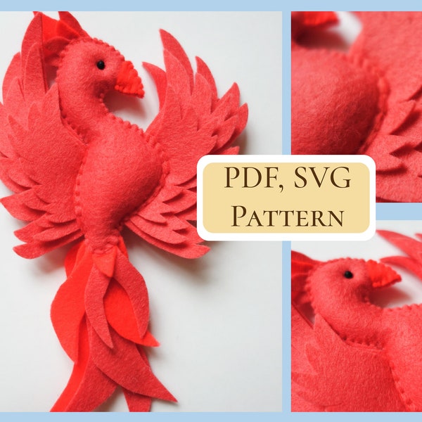 PDF Phoenix doll pattern / bird felt easy sewing pattern / Mythological fiery bird soft toy pattern / Hand sewing pattern / SVG included