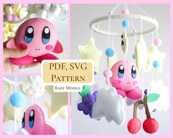 PDF Kirby pattern / Kirby pink baby mobile / Felt easy sewing pattern / Geeky nursery / Hand sewing pattern / SVG included