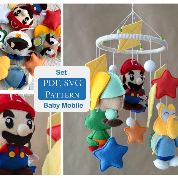 PDF Paper Mario baby mobile / Koopa Paratroopa, Yoshi, Goombella, Admiral Bobbery / Mario nursery decor DIY / sewing pattern / SVG included