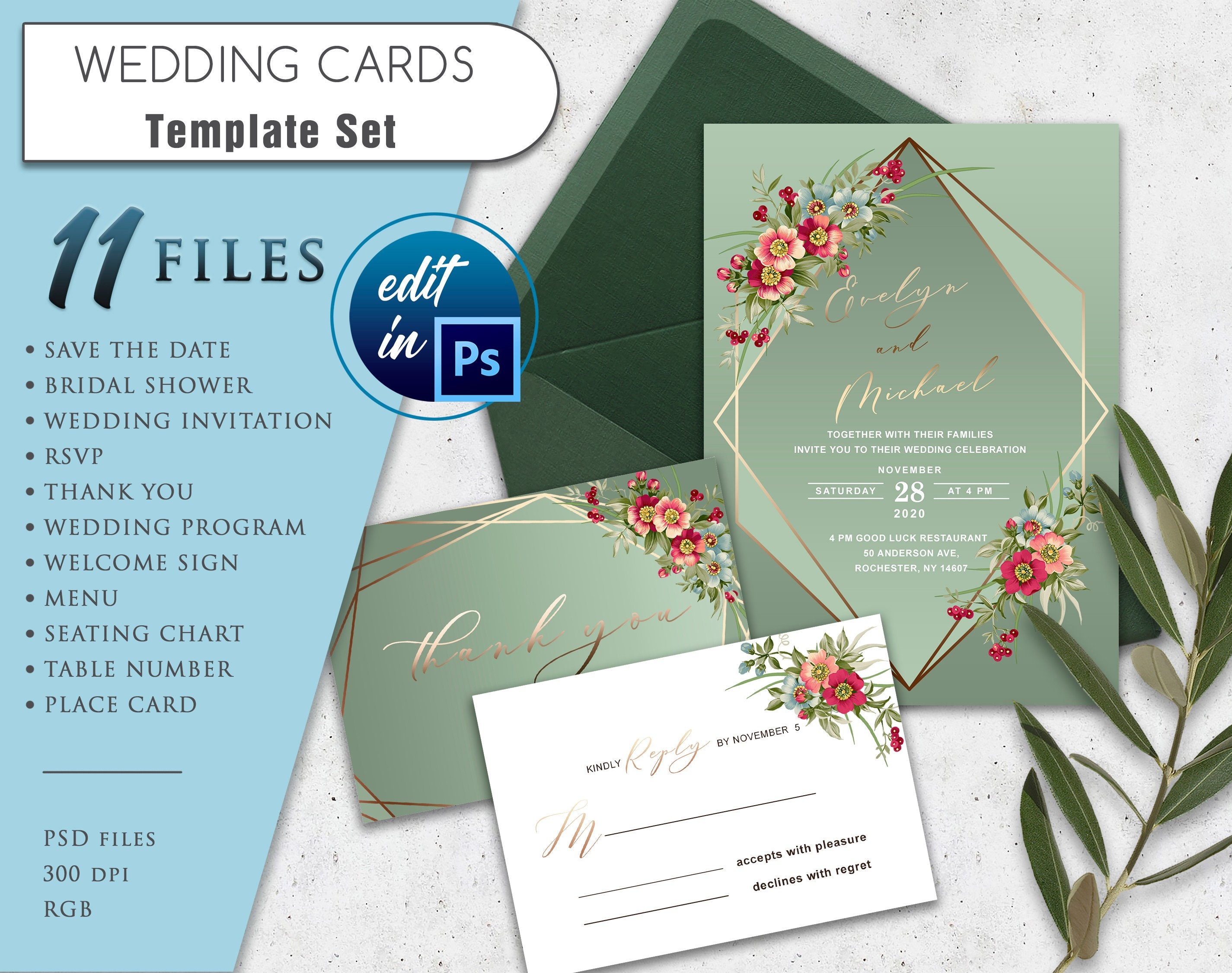 Mint green invitation template. Wildflowers wedding Etsy