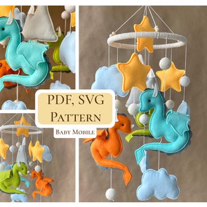 PDF Dragons baby mobile / Mythological felt easy sewing pattern / Mountain Dragons nursery decor / Hand sewing pattern / SVG included