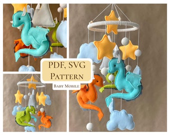PDF Dragons baby mobile / Mythological felt easy sewing pattern / Mountain Dragons nursery decor / Hand sewing pattern / SVG included