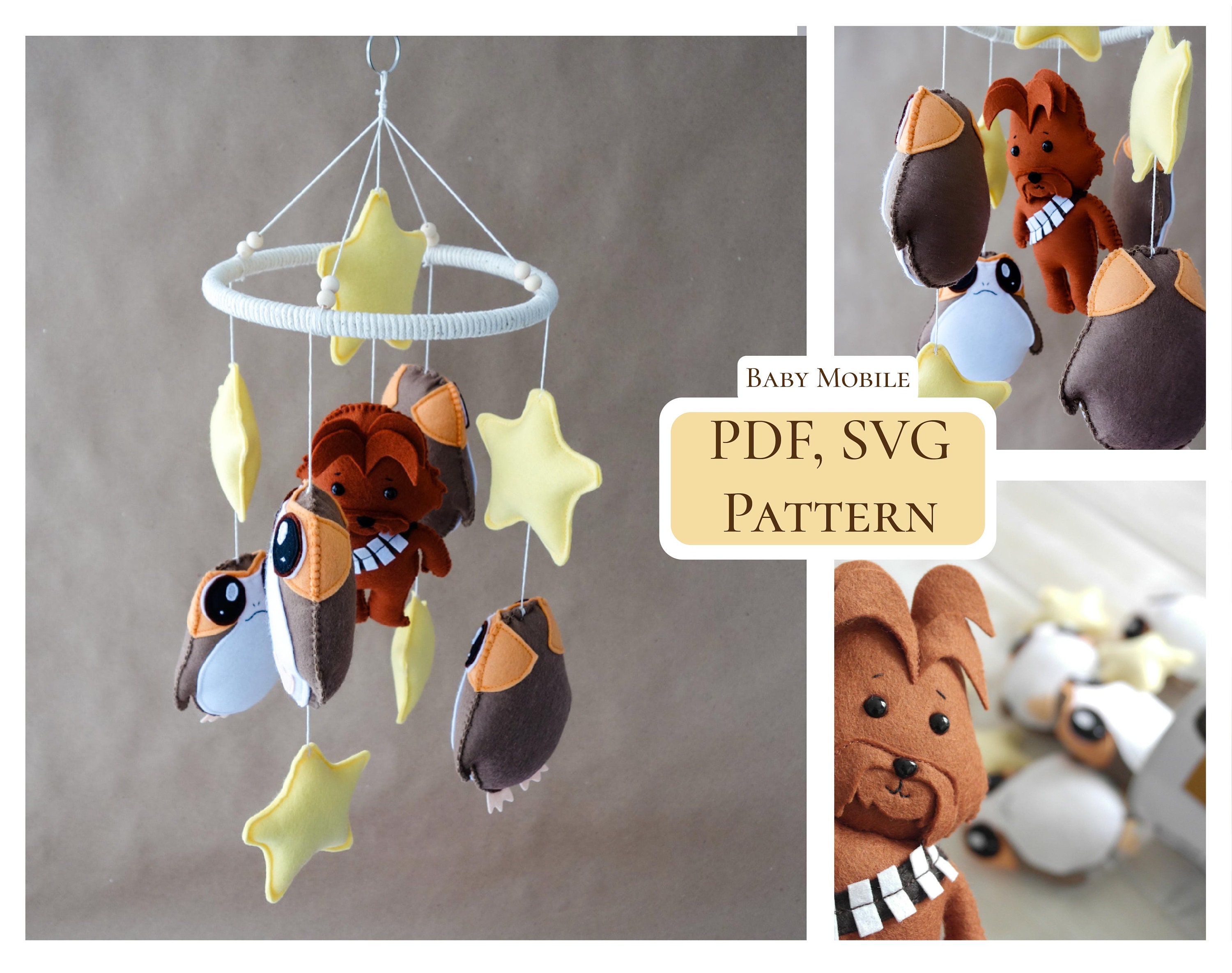 PDF Star Wars baby mobile pattern / felt Porg Chewie baby mobile pattern / Felt easy sewing pattern / Hand sewing pattern / SVG included