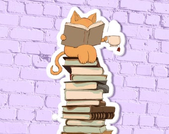 Cats, Books Tea Stickers Gift, cat sticker, cute cat sticker, cat mom, cat art, cat lover gift, lucky cat, cat lover, cat mom gifts