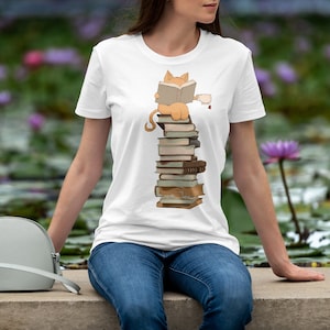 Cute Cat coffee books Women&#39;s T-Shirt, Cat Shirt, Kitten T-shirt, Gift for Cats Lover, Cat Mom Shirts, Cute Kitty in Pocket,cat mama shirts
