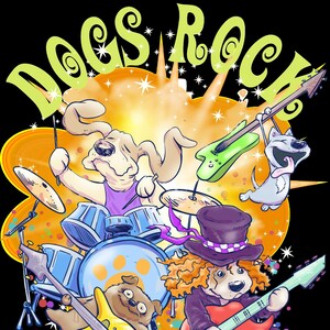 Cute dogs rock cartoon rock band coffee mug, gifts for dog lovers, dog moms, dog dads, miusicians. pitbull, pug