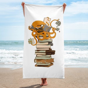 Cute Beach Towel with Octopus reading books, beach towel, bridesmaid gift, bath towel, vacation towel