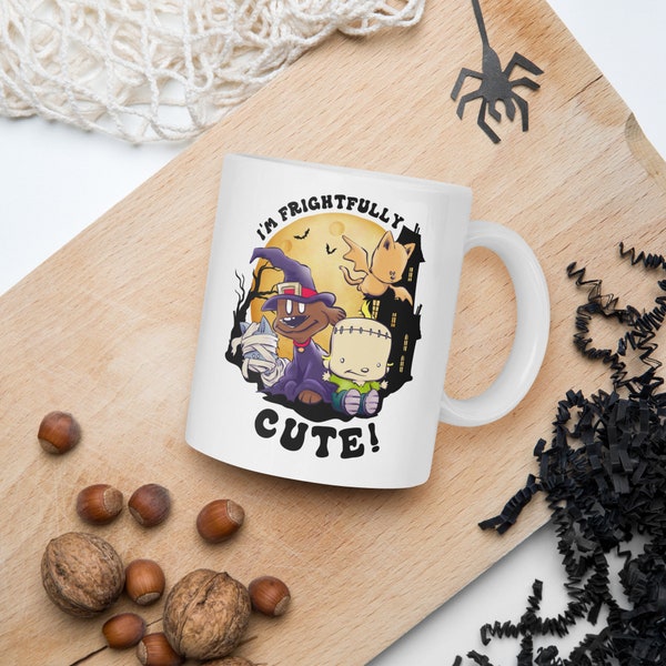 Cute Dog and Cat Halloween Cartoon Art Coffee Mug - Spooktacular Pet Costume Cup - Trick or Treat Paws - Adorable Animal Mug
