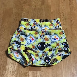 Bummies in Pittsburg Steelers fabric, various sizes for babies and toddlers, diaper covers, shorts, football nfl