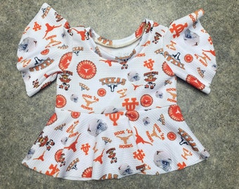 Texas Longhorns Peplum top in various sizes available for Babies and Toddlers, College Football, Hook 'Em Horns