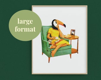 May include: A woman with a toucan head sits in a green armchair and talks on a rotary phone. She is wearing a yellow dress and holding a cup. A small framed photo is on the table next to the phone.