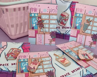 CLEARANCE Space Cafe Enamel Pins – Rose Gold, Japanese Kawaii