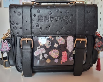 Black Starlit Sakura: PU Leather Ita Bag