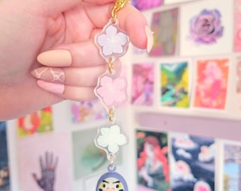 Triple Sakura Acrylic Keyring with Daruma Bell Charm - Cherry Blossoms