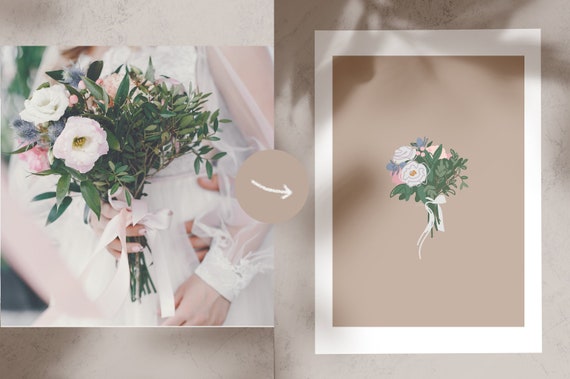 minimal illustration First anniversary. wedding flowers in earth tone Boho wall art Custom bouquet art