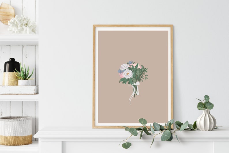 minimal illustration First anniversary. wedding flowers in earth tone Boho wall art Custom bouquet art