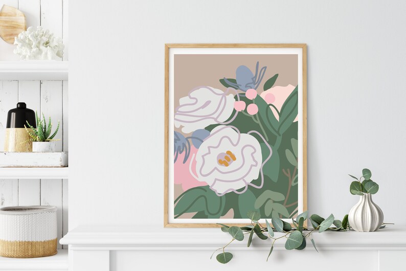 minimal illustration First anniversary. wedding flowers in earth tone Boho wall art Custom bouquet art