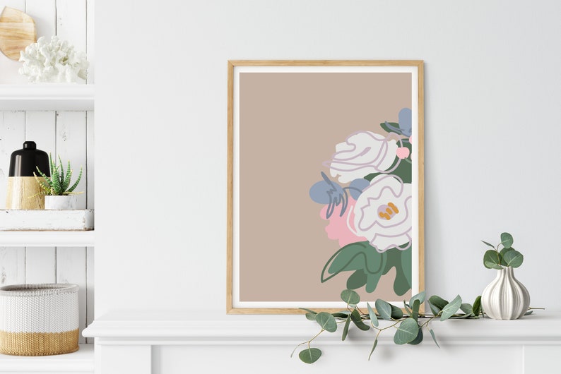 minimal illustration First anniversary. wedding flowers in earth tone Boho wall art Custom bouquet art