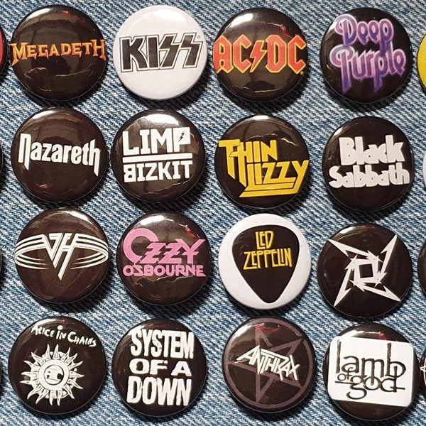 Heavy Metal Pins x 24 (Collection 1).  Retro.  Badges.  Party Bag.  Memorabilia.  Gift.  Wholesale.  Collector. Rock Music. 25mm in size.