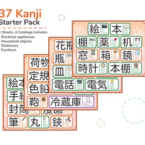 Pacote de adesivos de memorização de kanji com 4 folhas