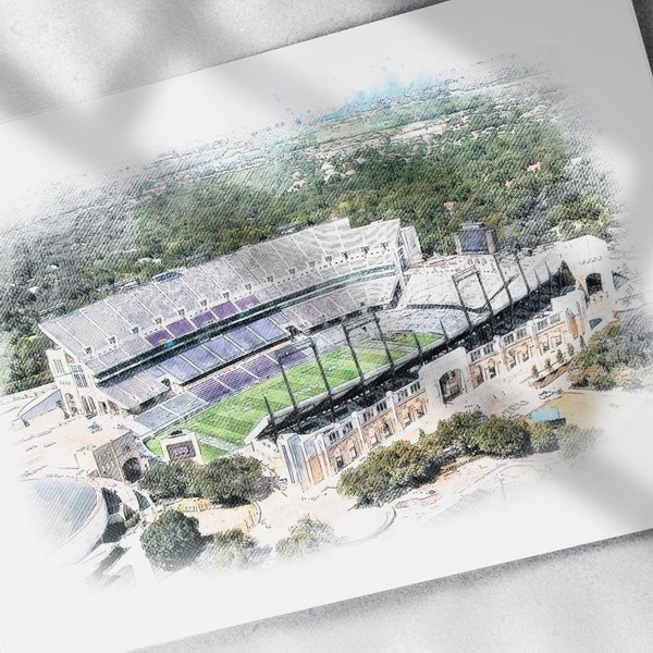 TCU Horned Frogs Amon G. Carter Stadium Drawing, Sketch, Watercolor Poster - Canvas Print, Sports Art Print, Man Cave Gift, Wall Decor