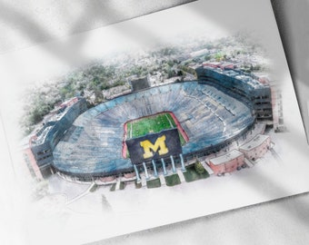 Michigan Stadium Drawing, Sketch, Watercolor Poster - The Big House, Canvas Print, Sports Art Print, Man Cave Gift, Wall Decor, Tribute