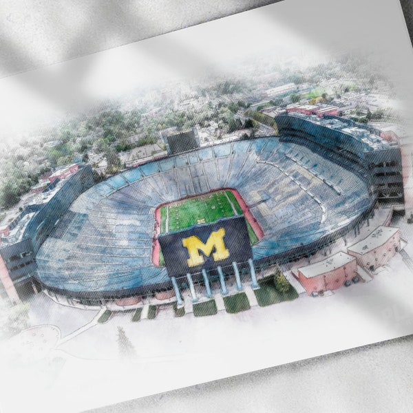 Michigan Stadium Drawing, Sketch, Watercolor Poster - The Big House, Canvas Print, Sports Art Print, Man Cave Gift, Wall Decor, Tribute