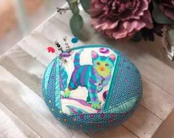 Custom Order ~ Tula Pink Disco Kitty Round  Pincushion & Decorative Pins
