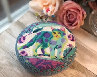 Custom Order ~ Tula Pink Disco Kitty Round  Pincushion & Decorative Pins -Spotted Kitty