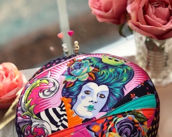 Custom Order X-Large Round Tula Pink Queen   Pincushion with Decorative Pins FREE SHIPPING in USA Curious and Curiouser