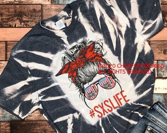 RZR XP Pro Side by Side - Reverse Tie Dye Bleached Shirt - Messy Bun with Red Camo and American Flag SXSLIFE - Chick Fury Original