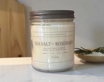 Sea Salt + Rosemary Soy Candle | Minimalist Eco Friendly Candle | Aromatherapy Candle