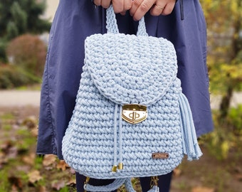 Blue handmade backpack, Knit medium backpack, Crochet  backpack for women,  Girl knit backpack purse, Winter bag, gift for girl, Easter