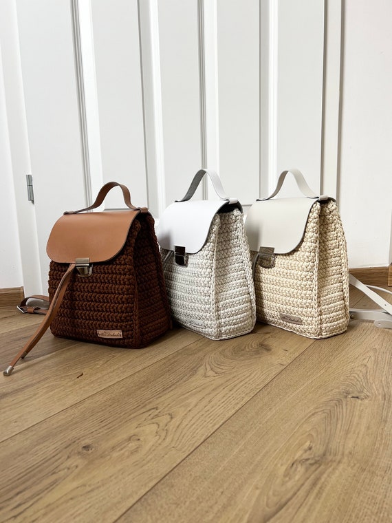 Crochet Women Backpack, Brown Backpack, , Beige Purse  display picture 1