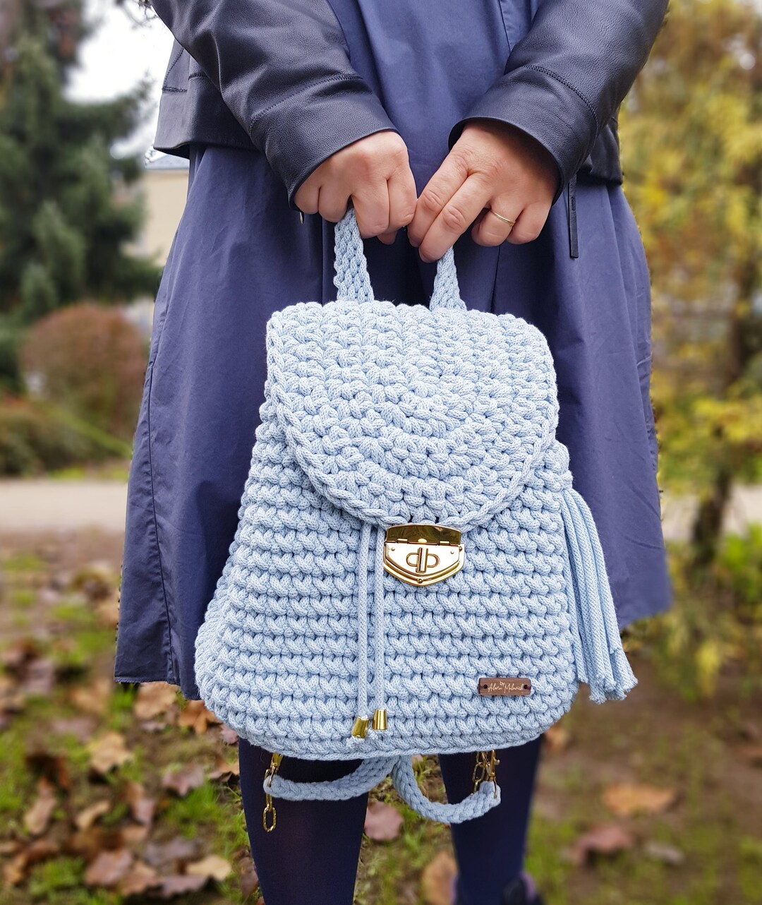 Handcrafted Blue Knit Backpack Blue Handmade Backpack, Knit Medium Backpack, Crochet  main image 4