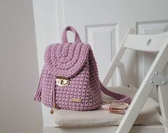 Mochila rosa hecha a mano, Mochila pequeña de punto, Monedero mochila de crochet, Monedero mochila de punto para niña, Mochila, Regalo para niña, Mochila de algodón