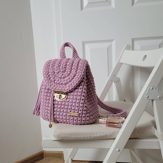 Pink Handmade Backpack, Knit Small Backpack, Crochet 